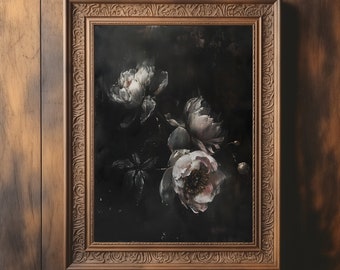 Moody Flower Painting | Vintage Floral Art | Dark Academia Print | Rustic Wall Art | Digital Download |  Botanical Oil Painting | Gothic Art
