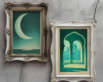 Stampa digitale Ramadan / Set di 2 / Decorazione Ramadan / Arte murale Ramadan / Mezzaluna e Moschea Ramadan / Arte islamica