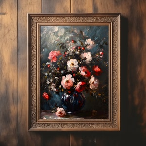 Moody Flower Painting | Vintage Floral Wall Art | Dark Academia Print | Rustic Wall Art | Digital Download | Moody Botanical Oil Painting