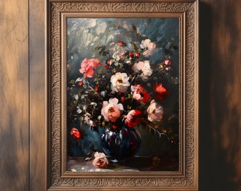Moody Flower Painting | Vintage Floral Wall Art | Dark Academia Print | Rustic Wall Art | Digital Download | Moody Botanical Oil Painting