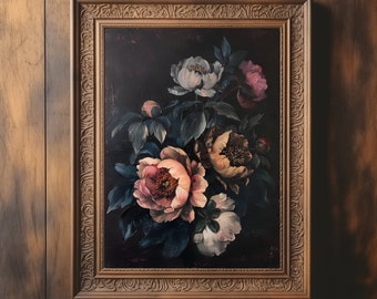 Moody Flower Painting | Vintage Floral Art | Dark Academia | Rustic Art | Digital Print | Botanical Oil Painting | Vibrant Flowers Print