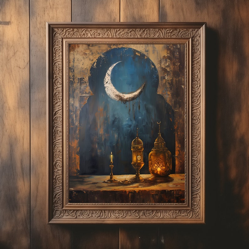 Ramadan Wall Decor | Ramadan Wall Art | Ramadan Crescent | Ramadan Lanterns | OilPainting | Islamic Art | Digital Print image 1