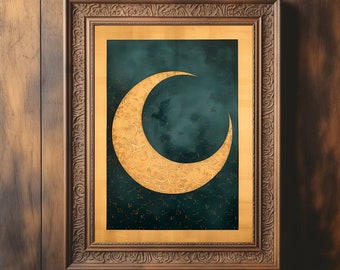 Golden Moon in Dark Blue Sky | Celestial Print | Ramadan Moon | Stars Print | Crescent Art | Sky Night Art | Digital Download