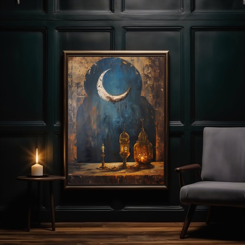 Ramadan Wall Decor | Ramadan Wall Art | Ramadan Crescent | Ramadan Lanterns | OilPainting | Islamic Art | Digital Print image 2
