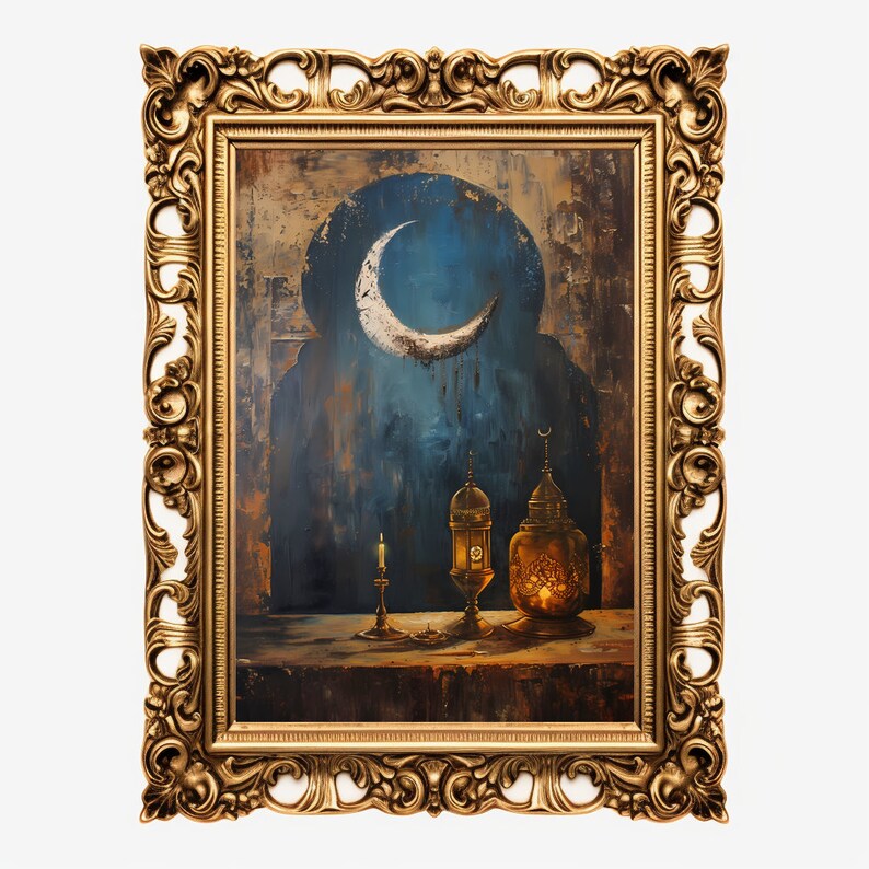 Ramadan Wall Decor | Ramadan Wall Art | Ramadan Crescent | Ramadan Lanterns | OilPainting | Islamic Art | Digital Print image 3