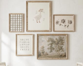 Vintage Goose Nursery Print Set 5 Sage Gingham ABC Botanical Gender Neutral Watercolor Digital Download