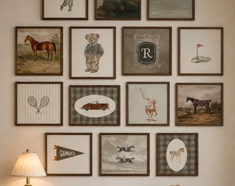 Ivy League Preppy Bear Monogram Wall Art Set of 25 Vintage Tennis Golf Sailing Prints Old Money Boy Room Decor Athletic Digital Download