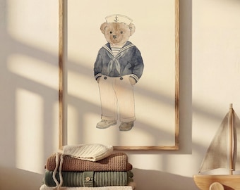 Sailor Bear Nursery Print Boy Navy Vintage Watercolor Nautical Wall Art Preppy Room Decor Digital Download