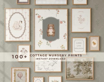 Cottage Girl Nursery Bundle 100 Prints Vintage Swan Bear Botanical Floral Girl Room Decor Aesthetic Whimsical Printable Digital Download