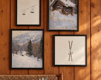 Christmas Gift Ski Lodge Wall Art Set of 4 Vintage Winter Mountain Chalet Prints Holiday Decor Printable Download