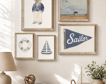 Toddler Boy Nautical Wall Art Set of 25 Prints Vintage Sailor Bear Navy Ocean Nursery Decor Coastal Boy Bedroom Printable Digital Download