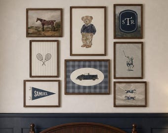 Old Money Preppy Bear Navy Blue Boy Nursery Gallery Wall Set of 8 Prints Custom Vintage Sports Boy Room Decor Blue Athletic Digital Download
