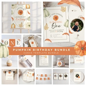 かぼちゃの誕生日セット 小さなかぼちゃのデコレーション 秋の印刷可能なパーティーセット 秋の1歳の誕生日キット 素朴な秋の子供のお祝いパック ベビーパーティー