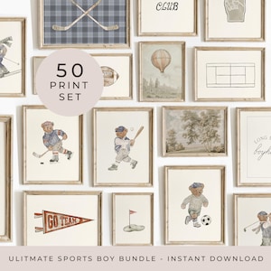 Lot de 50 oeuvres d&#39;art murales sport pour garçons, impression athlétique rétro, décoration de chambre d&#39;enfant vintage pour garçon, affiche de baseball, art de chambre pour garçon, décoration de salle de jeux pour garçon