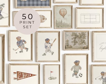 Boys Sports Wall Art Bundle of 50 Print Retro Athletic Print Vintage Boy Nursery Decor Baseball Poster Sport Boy Room Art Boy Playroom Decor
