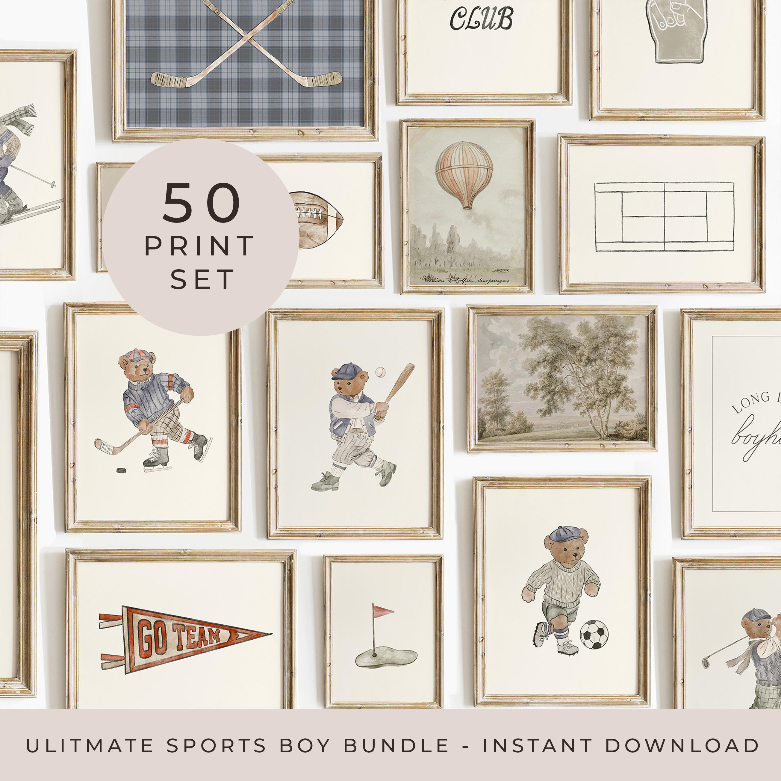 Boys Sports Wall Art Bundle of 50 Print Retro Athletic Print Vintage Boy Nursery Decor Baseball Poster Sport Boy Room Art Boy Playroom Decor