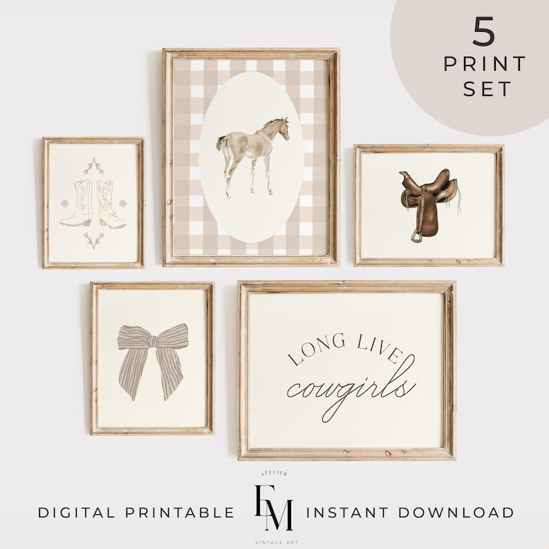 Vintage nursery cowgirl prints with pink horse art for a western-themed girls room.