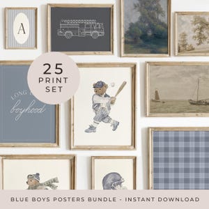 Blue Boy Jungen-Galeriewand-Set 25 Drucke Blau Sport Poster Vintage Blue Baby Jungen-Kinderzimmer-Druck-Set Zimmerkunst Muted Boy Spielzimmer-Dekor