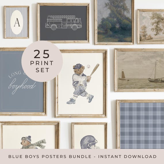Blue Boy Gallery Wall Set of 25 Prints Blue Sports Poster Vintage Blue Baby Boy Nursery Print Set Big Boy Room Art Muted Boy Playroom Decor