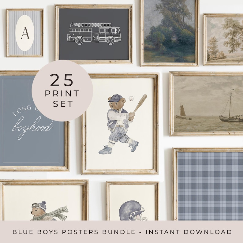 Blue sports gallery wall set of 25 for charming boy's room decor