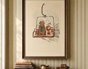 Ski Dog Print, Vintage Watercolor Chairlift Wall Art for a Winter Nursery