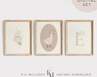 Printable Vintage Gallery Wall Art Set of 3 Pink Girl Print Silly Little Goose Poster Custom Name Wall Art Pink Bow Monogram Wall Art Floral