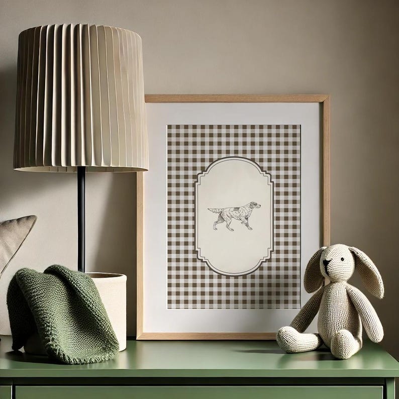 Cozy nursery decor with vintage puppy illustrations