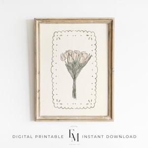 Vintage Tulip Illustration Print Pink Trendy Girl Decor Vintage Botanical Abstract Cornflower Tulip Painting Trendy Printable Floral Artwork