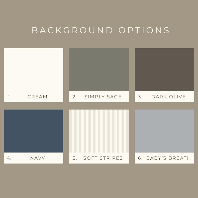 May include: Image showcasing six background options with color swatches. The options include cream, simply sage, dark olive, navy, soft stripes, and baby's breath. The text "BACKGROUND OPTIONS" is at the top.