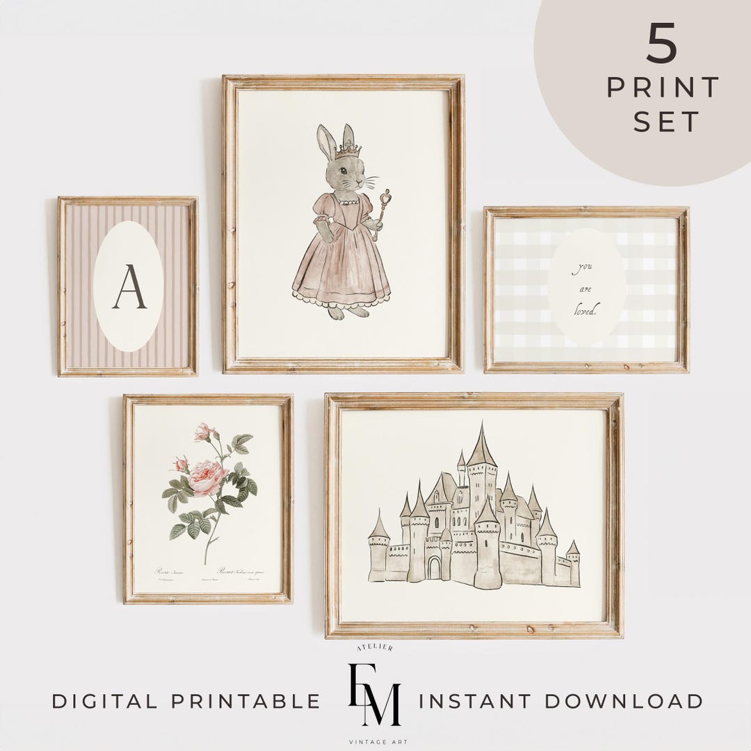 Pink Princess Gallery Wall Art Set Bunny Princess Prints Girl Room ...