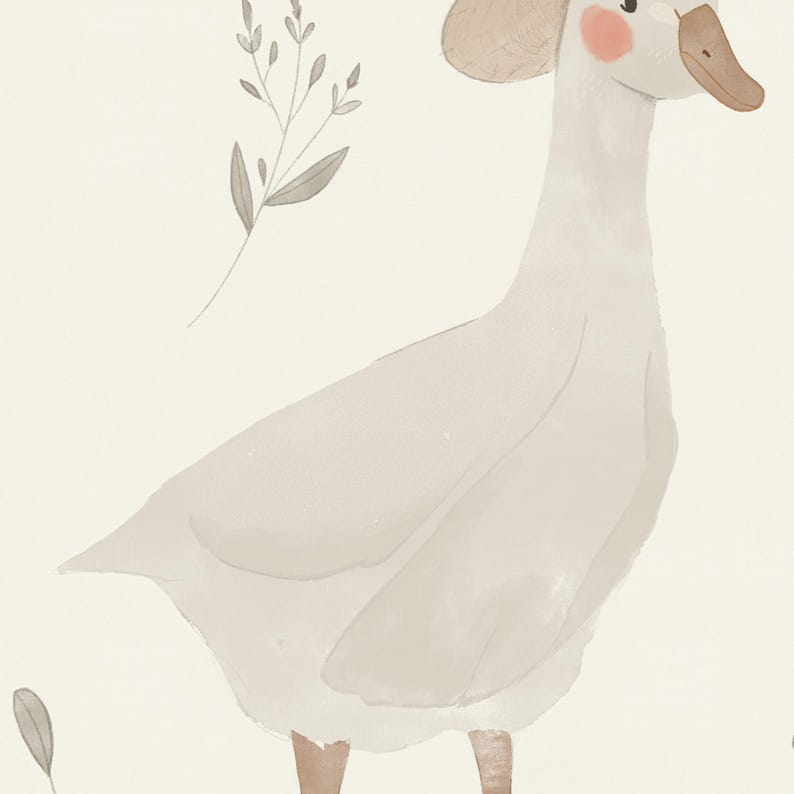 Peut inclure: Illustration &agrave; l'aquarelle d'une oie avec un chapeau, des joues roses et un bec brun. L'oie est blanche avec des ombres marron clair. Le fond est un blanc cass&eacute; doux avec quelques brins de feuilles. L'&oelig;uvre a un aspect fantaisiste et doux.