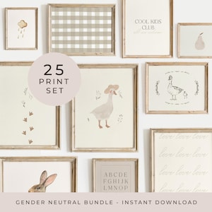 Gender Neutral Nursery Gallery Wall Set of 25 Muted Tones Room Decor Vintage Neutral Nursery Print Set Soft Beige Cottagecore Playroom Decor