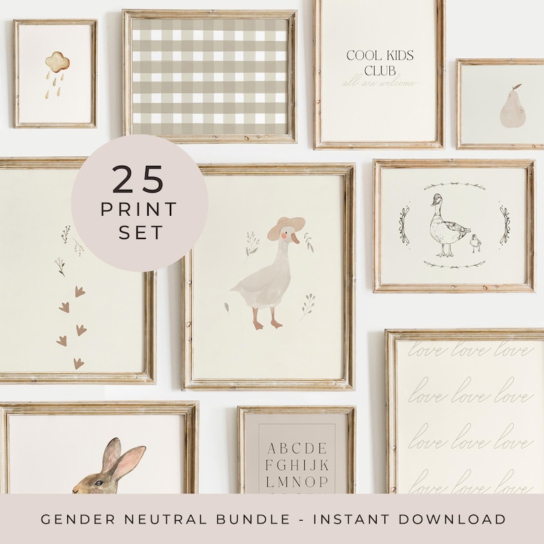 Vintage-inspired gender-neutral nursery wall art set in soft beige tones.