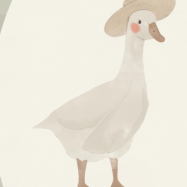 May include: A watercolour illustration of a white goose wearing a straw hat. The goose has pink cheeks and a brown beak and feet. The background is a soft, off-white colour.