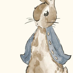 May include: Watercolor illustration of a brown and white rabbit wearing a blue jacket with three buttons. The rabbit has long whiskers and a neutral background. The artwork is a children's illustration.