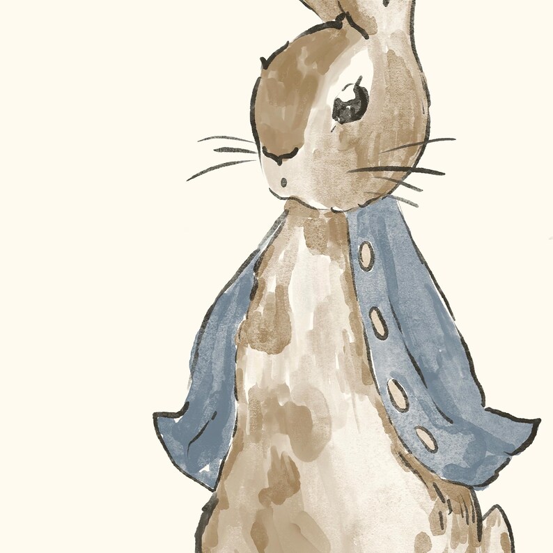 May include: Watercolor illustration of a brown and white rabbit wearing a blue jacket with three buttons. The rabbit has long whiskers and a neutral background. The artwork is a children's illustration.