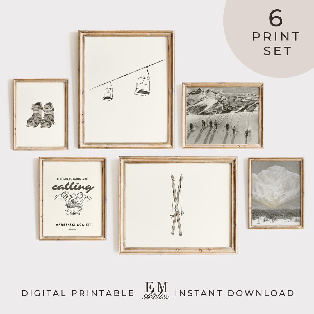 Vintage Ski Wall Art Set Alpine Cabin Gallery Prints Rustic Winter ...