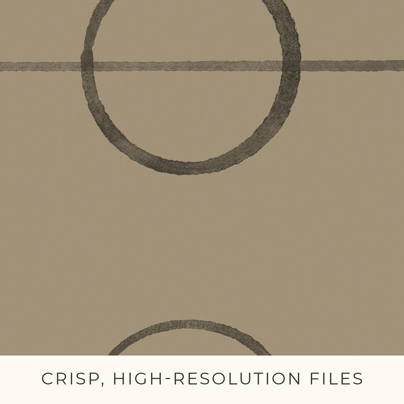May include: Abstract art print featuring a tan background with two dark gray circles and a horizontal line. The text "CRISP, HIGH-RESOLUTION FILES" is at the bottom of the image. This artwork is suitable for home decor.