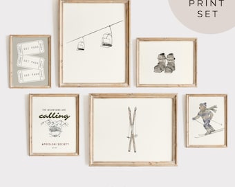 Vintage Kids Ski Wall Art Set Cozy Winter Nursery Prints Après Ski Mountain Decor for Children’s Room