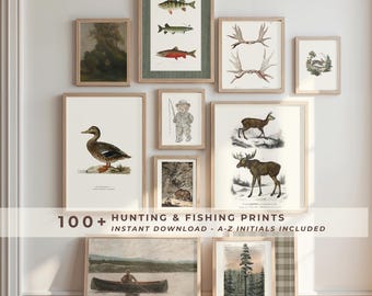 Hunting Fishing Print Bundle 100 Boy Room Vintage Moose Duck Fish Antler ABC Cabin Decor Digital Download