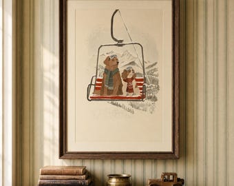 Ski Dogs Wall Art Digital Print, Vintage Watercolor Chairlift Scene for Nursery Decor