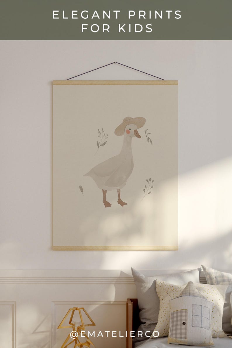 Farm-inspired duck nursery print with a neutral aesthetic for kids' spaces.