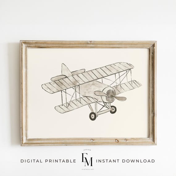 Airplane Nursery Art Vintage Watercolor Boys Room Decor Boy Wall Art Travel Theme Nursery Print Baby Boys Room Decor Beige Boys Playroom Art