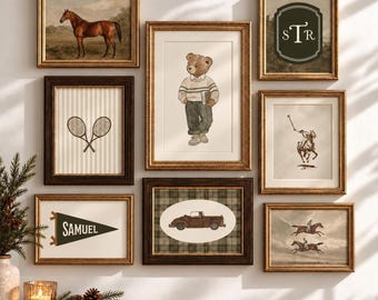 Teddy Bear Prints, 8-Piece Christmas Gallery Set with Tartan Nursery Art