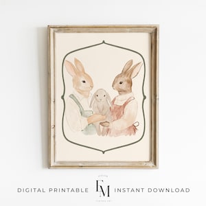 Impresión de conejito, arte de guardería familiar de conejitos, póster de mamá y bebé, impresión de conejo, arte de conejo de estilo vintage, decoración antigua para habitación de niña, impresión de guardería de niña