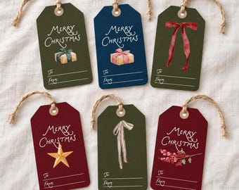 Vintage Christmas Gift Tags Printable Set Forest Green Burgundy Navy Bow Star Holiday Digital Download