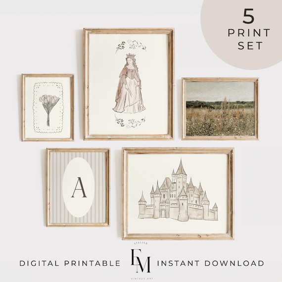 Neutral Fairy Tale Nursery Gallery Wall Art Set of 5 Princess Girl Room Farmhouse Landscape Pink Floral Decor Princess Wall Art Girl Nursery