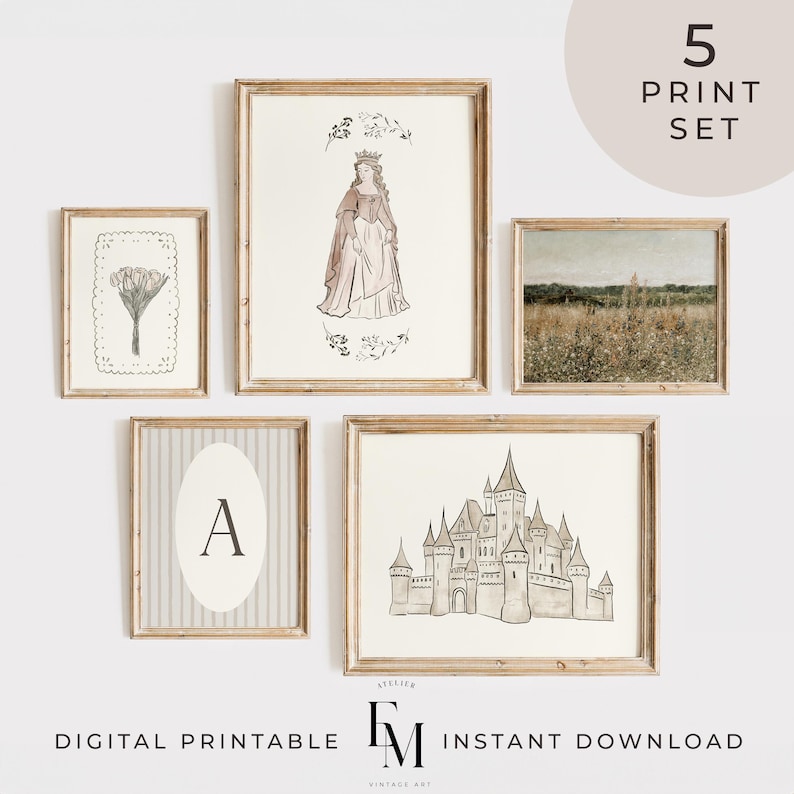 Princess nursery gallery wall set with floral landscape prints for charming decor