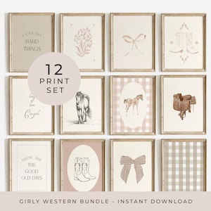 May include: A set of 12 printable wall art prints with a Western theme. The prints feature images of horses, cowboy boots, saddles, bows, and gingham patterns in pink and brown tones. The text "12 Print Set" is included in the image.