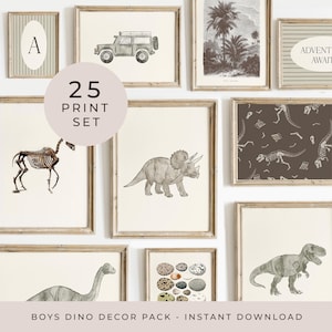 May include: A collection of framed art prints featuring dinosaur illustrations, a vintage car, and botanical designs. The prints are in neutral tones and include a dinosaur skeleton, a Triceratops, and a T-Rex. The text "25 PRINT SET" is in the center.
